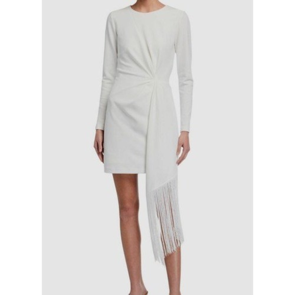 One33 Social Women Ivory Long Sleeve Fringe Asymmetrical Mini Dress Size 10